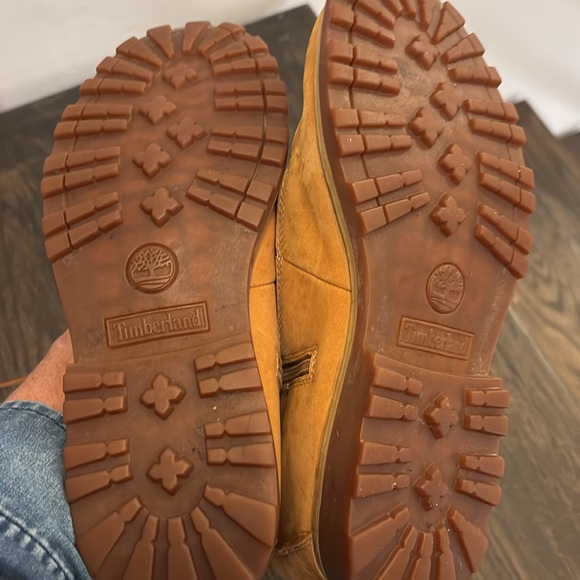 Timberland tall buckskin boots, wheat color, dark brown top, side zip, size 6 - Picture 5 of 10